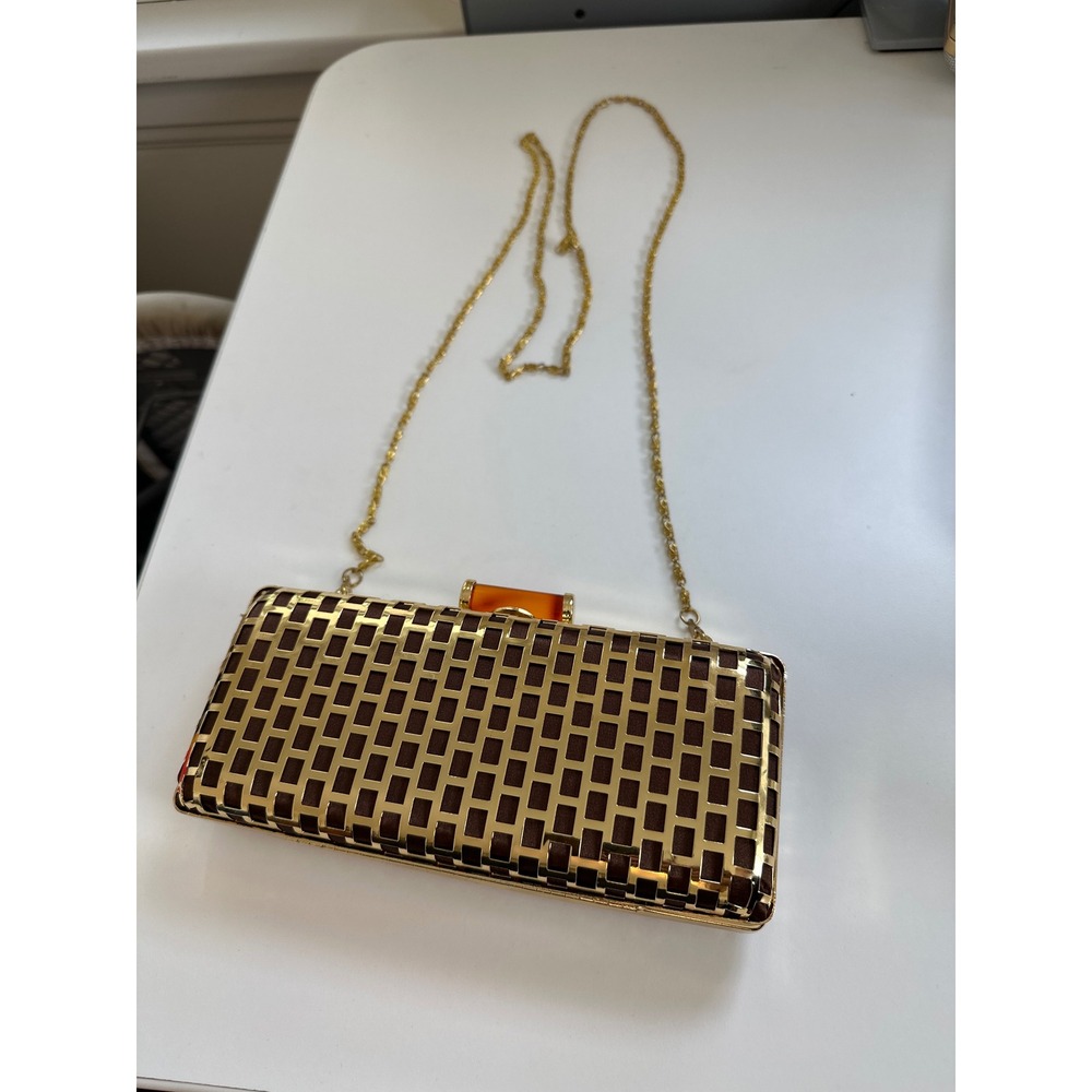 Tasha Gold Cage Evening Clutch Brown Satin Amber Clasp Minaudiere Chain Strap
